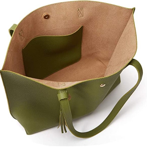 OLIVE GREEN SOFT FAUX LEATHER TOTE SHOULDER BAG - Picture 6 of 6
